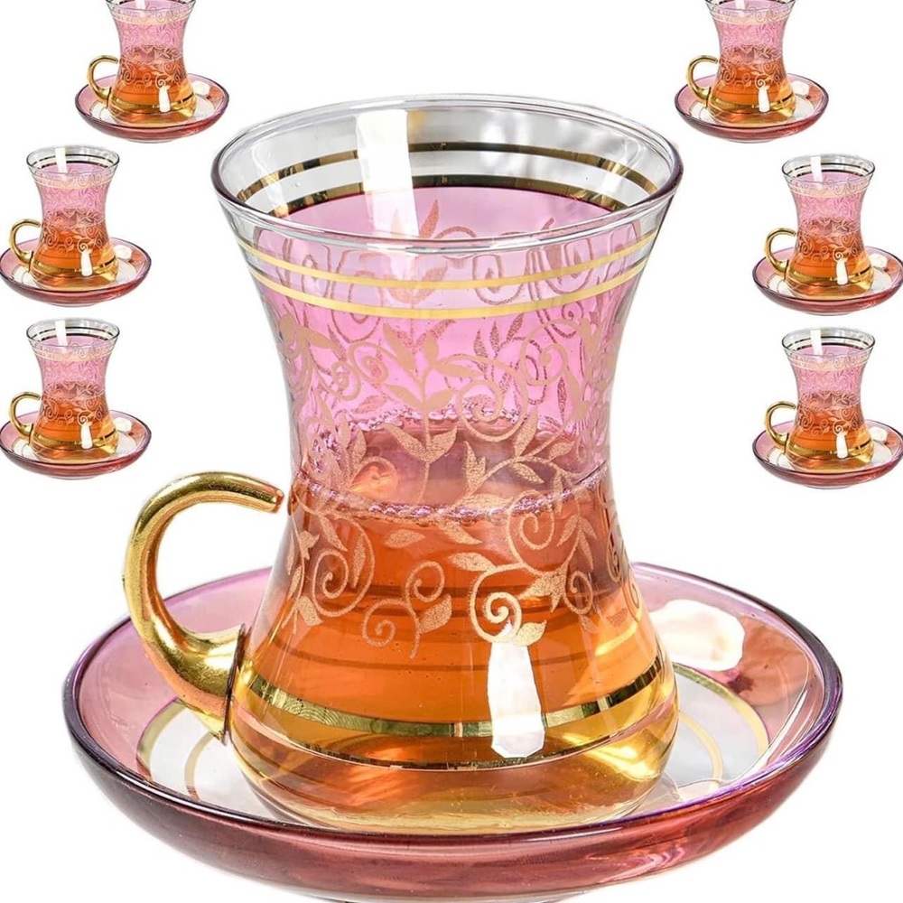 Vintage Turkish Moroccan Tea Glasses with Saucers Set in Pink